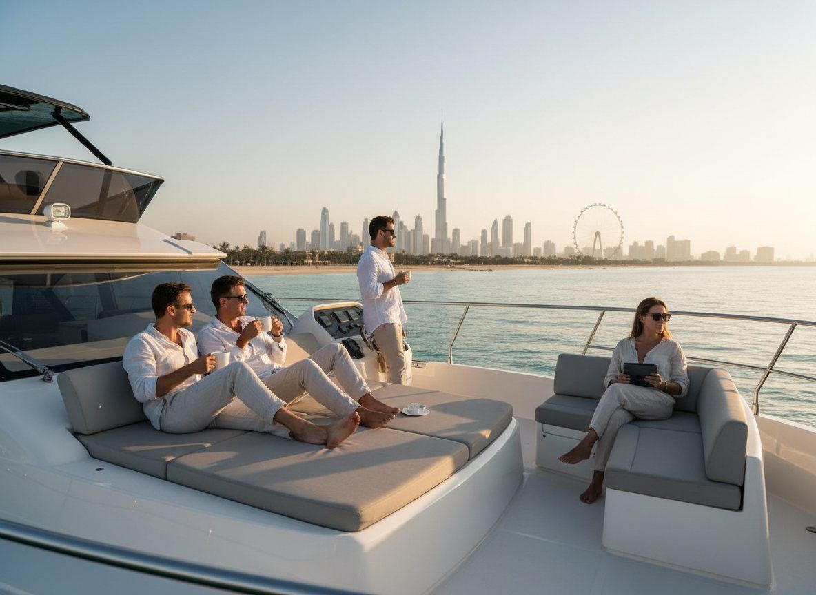 Entspannte Gäste genießen den Panoramablick auf die Skyline von Dubai vom Flybridge-Deck