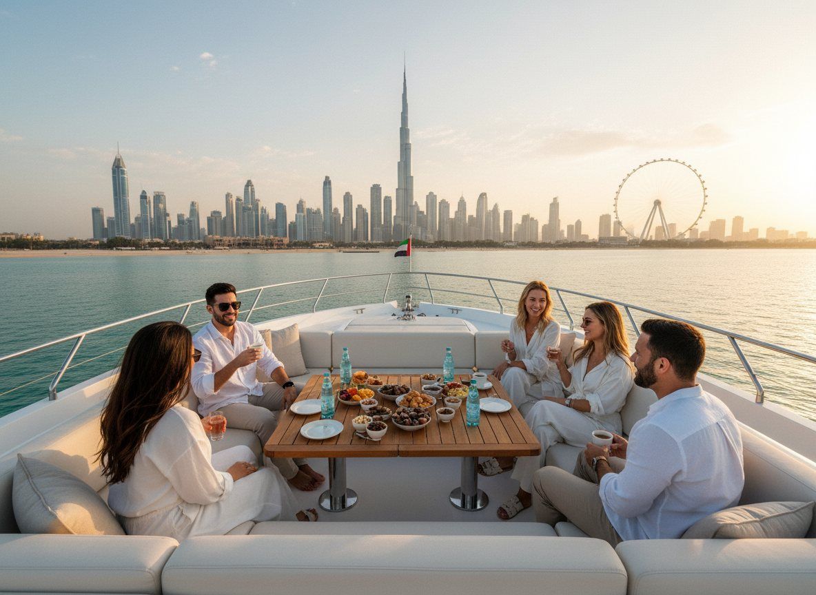 Yacht guests relaxing on top deck facing Ain Dubai wheel and skyscrapers