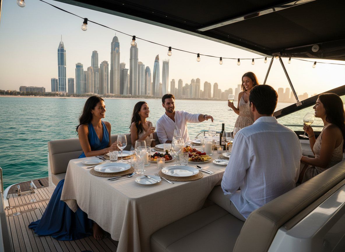 Yacht stern dining setup with views of the Dubai Marina skyscrapers